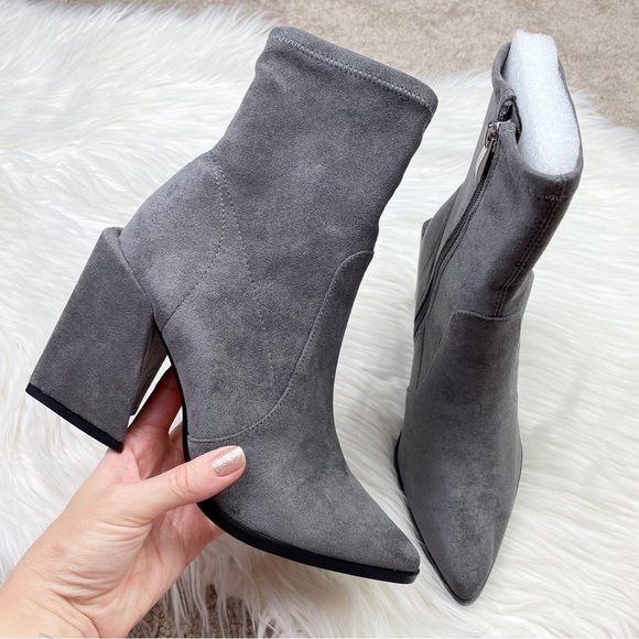 New Steven New York by Steve Madden Taite Pointed Toe Booties in Gray Faux Suede - Picture 2 of 9
